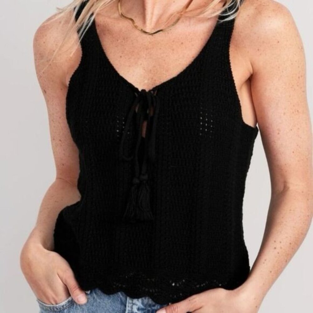 Old Navy Crochet Lace Up Front Tank Top Pointelle Sweater Black Size Large NEW